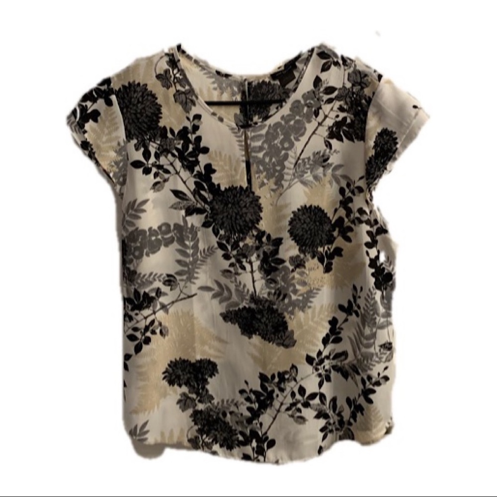Ann Taylor Factory Cream Blouse with Black Floral Print